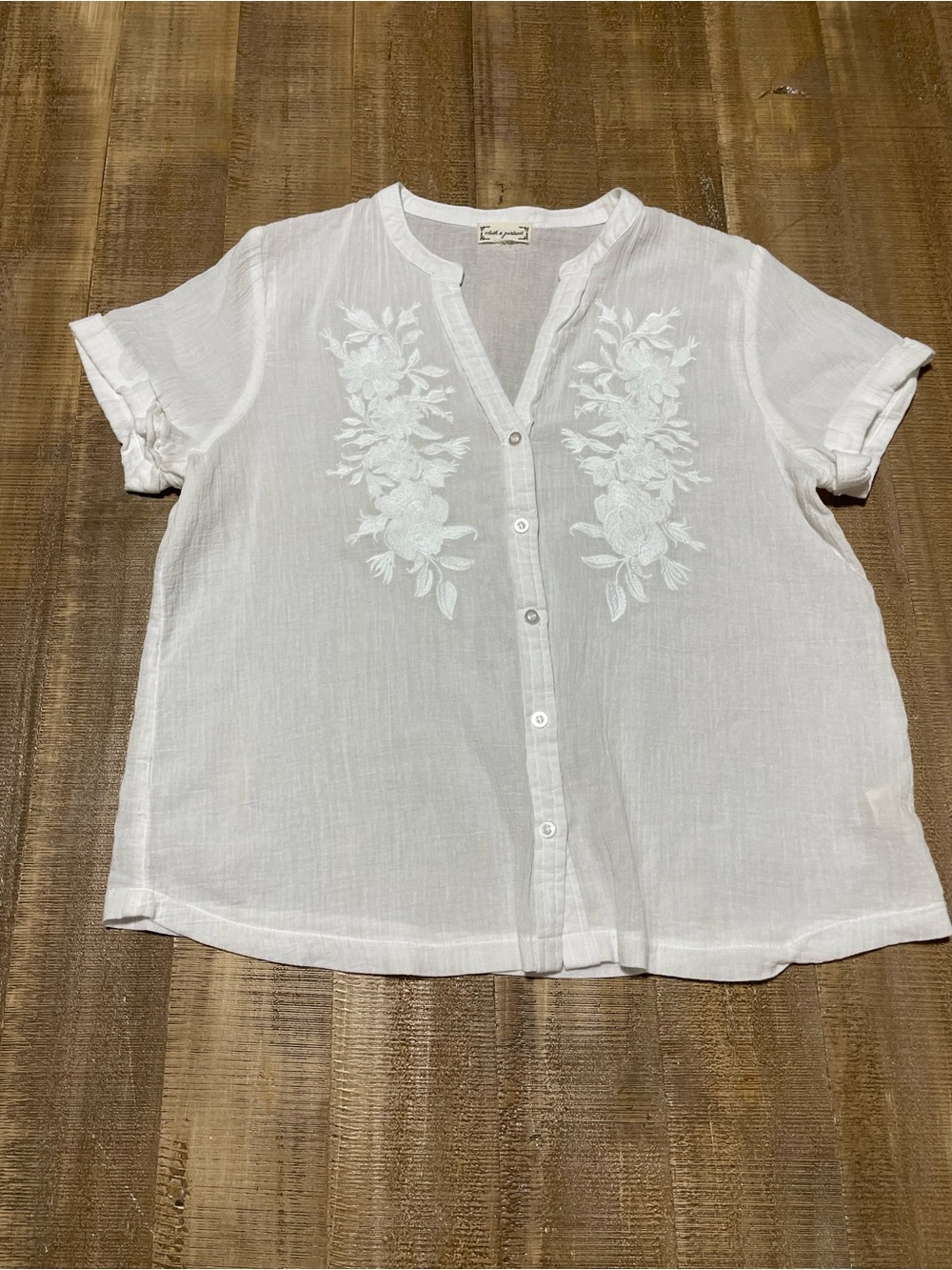 Cloth & Portrait Short-Sleeve White Embroidered Button-Front Blouse - Women